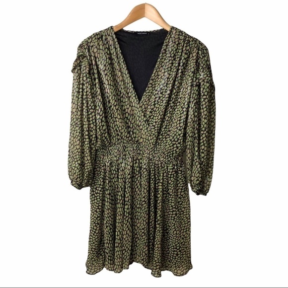 Nocturne Mini Wrap Dress Printed Size 42 Green Long Sleeve Elastic Waist - Picture 3 of 11